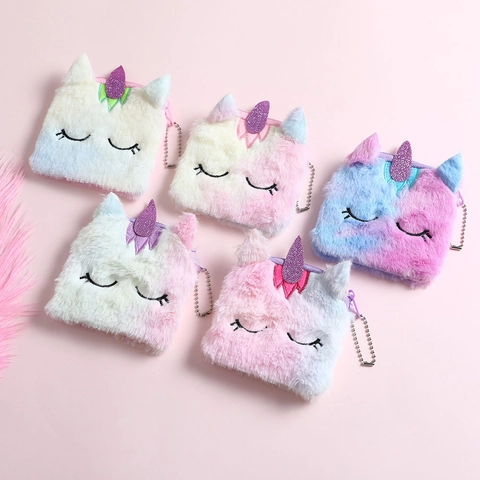 Unicorn Plush Coin Purse Cute Gradient Tie-Dye Mini Wallet With Metal Bead Chain For Kids Girls Novelty Zipper Pouch