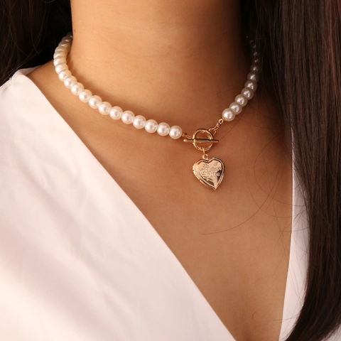 Collar Y Pulsera Vintage De Perlas Artificiales De Imitación Con Colgante De Corazón Hebilla OT Joyas De Aleación Cobre Vidrio Para Mujer