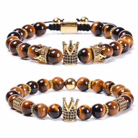 Bracciale In Pietra Occhio Di Tigre Naturale Con Ciondolo Corona In Rame Zircone Micro Pavé Gioielli Etnici Retro Per Uomo E Donna