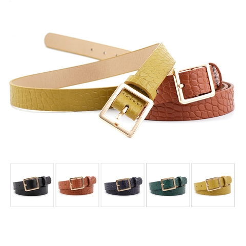 Ceinture Femme Motif Crocodile en Similicuir Minimaliste Boucle Carrée en Alliage pour Jean Robe Accessoire Mode Décoratif