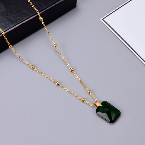 Emerald Cut Green Zircon Pendant Necklace Titanium Steel Vacuum 18K Gold Plated Satellite Beaded Chain Vintage Jewelry