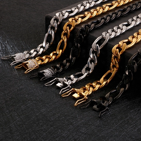 Stainless Steel Men Chain Bracelet Hip Hop Cuban Figaro Link Rhinestone Inlaid Clasp Gold Silver Black Colors Jewelry