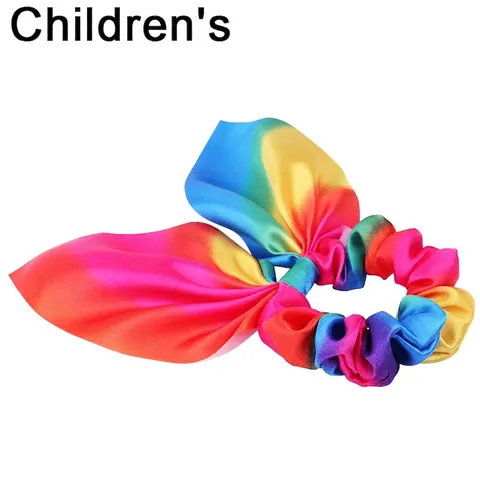 Rainbow Gradient Satin Bowknot Scrunchie With Long Ribbon Streamer Hair Tie Rabbit Ears Elastic Hair Rope For Girls