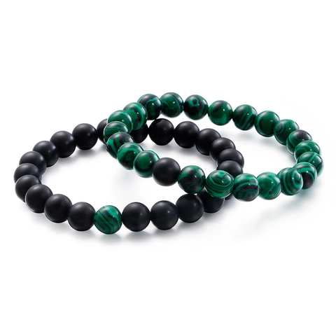 Matte Black Agate Malachite Green Beaded Bracelet Round Natural Stone Elastic Cord Vintage Unisex Wristband
