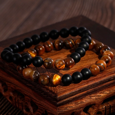 Natural Tiger Eye Stone Beaded Bracelet Matte Black Onyx Round Beads Stretchy Elastic Cord Retro Minimalist Men Jewelry