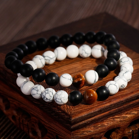 Pulsera De Cuentas Agata Negra Mate Turquesa Blanca Ojo De Tigre Elastica Cuentas Redondas Retro Unisex Joyeria