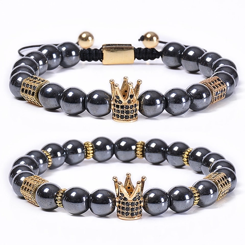 Crown Beaded Bracelets Hematite Stone Copper Micro Paved Zircon Adjustable Braided Rope Jewelry Gift For Men And Women