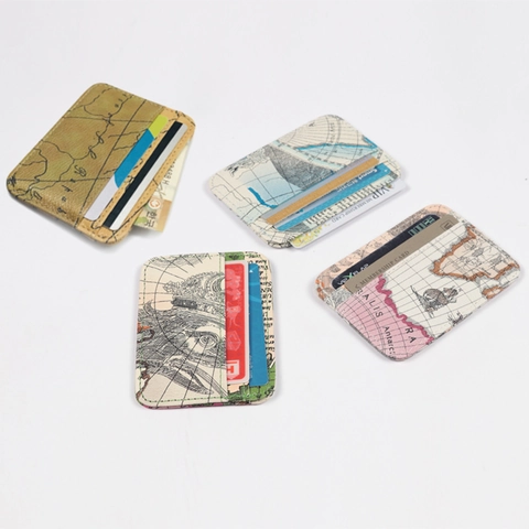Vintage Weltkarte Druck Dünne Kartenetui Brieftasche PU Leder Mehrere Steckplätze Tragbare Mini Münzbörse Für Damen Und Herren