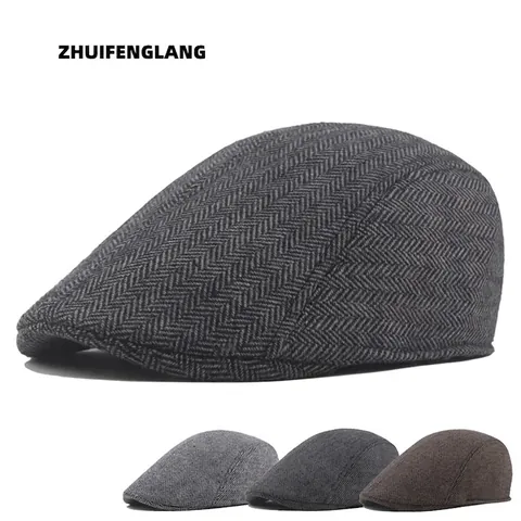 Men's Herringbone Flat Cap Tweed Newsboy Ivy Hat Retro British Style Warm Windproof Outdoor Accessories