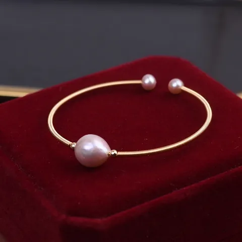 Handgemaakte Gouddraad Omwikkelde Zoetwaterparel Open Armband Voor Dames Vintage Barokke Parel Verstelbare Minimalistische Sieraden