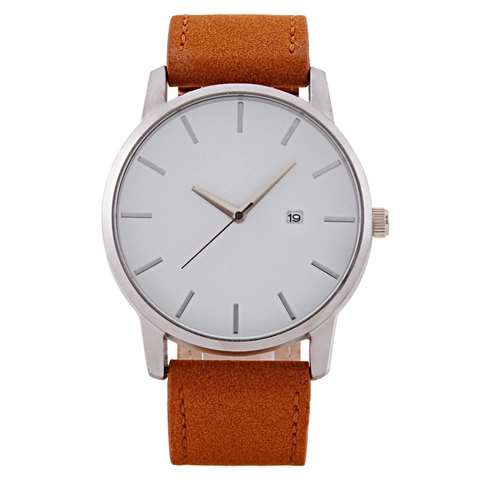 Men Quartz Watch Minimalist Large Round Dial Leather Strap Date Display Business Casual Analog Wristwatch