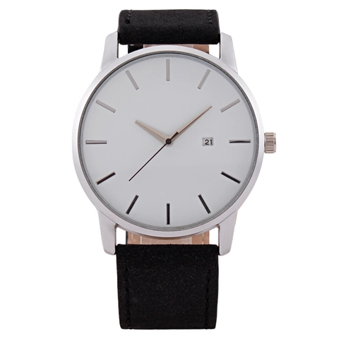 Men Quartz Watch Minimalist Large Round Dial Leather Strap Date Display Business Casual Analog Wristwatch