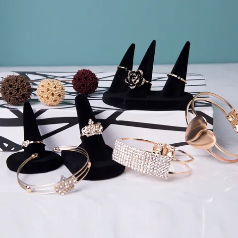 Black Flocked Ring Display Stand Resin Velvet Jewelry Storage Organizer Rack Showcase Multi Finger Holder