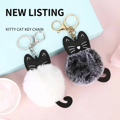 Süße Katze Kunstfellball Schlüsselanhänger Plüsch Bommel Taschenanhänger Kunstleder Metallring Cartoon Accessoire