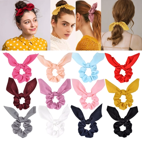 Elegant Satin Scrunchie With Rabbit Ears Bow Solid Color Hair Tie For Women And Girls Daily Wear Accessories