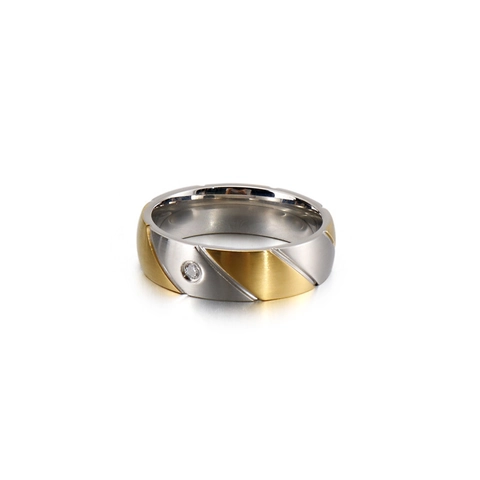 Anillo De Acero Inoxidable Sarga Diagonal Bicolor Incrustación De Circón Mate Cepillado Estilo Punk Industrial Hombre