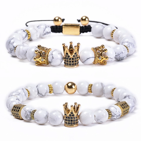 Armband Aus Weißem Howlith Perlen Mit Kupfer Micro Pave Zirkonia Krone Charm Vintage Verstellbar Schmuck Für Herren Damen