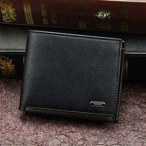 Men Short Wallet PU Leather Lychee Grain Contrast Color Multi Card Slots Coin Pocket Button Closure Business Casual Purse
