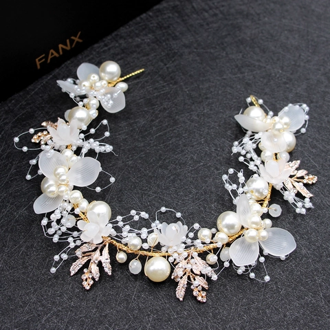 Vite Capelli Sposa Cerchietto Perla Artificial Cristallo Fiore Lega Dorata Foglia Copricapo Fatto Mano Accessori Sposa Festa Donne