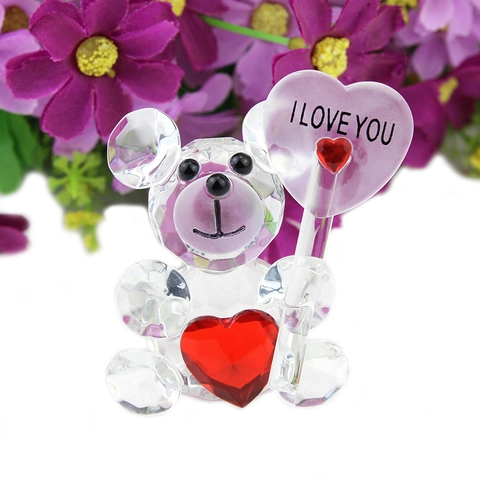 Statuetta Orsetto Di Cristallo Con Cuore Rosso I Love You Ornamento Statua Vetro Sfaccettato Arredo Scrivania Regalo Romantico