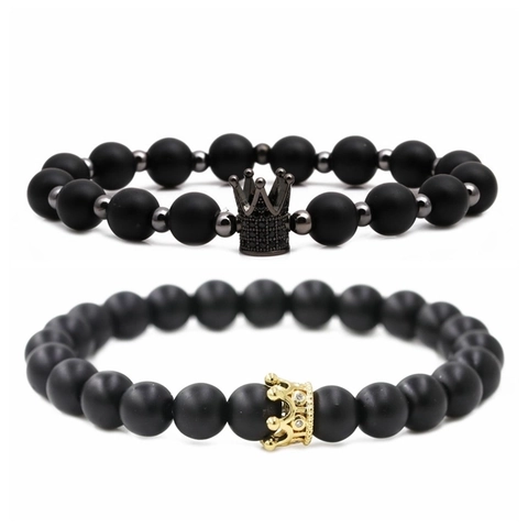 Micro Pave Zirconia Crown Beaded Bracelet Natural Stone Matte Obsidian Rose Quartz Alloy Jewelry Gift For Couples Trendy
