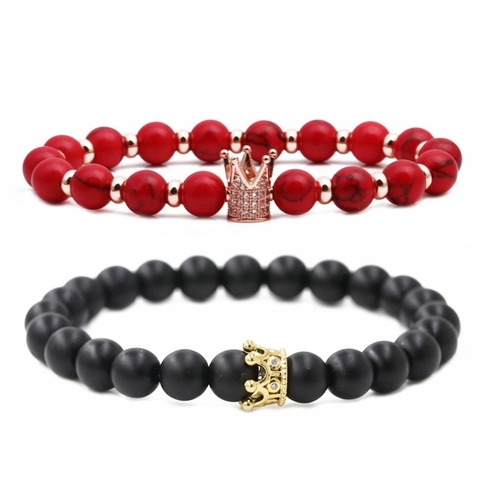 Micro Pave Zirconia Crown Beaded Bracelet Natural Stone Matte Obsidian Rose Quartz Alloy Jewelry Gift For Couples Trendy