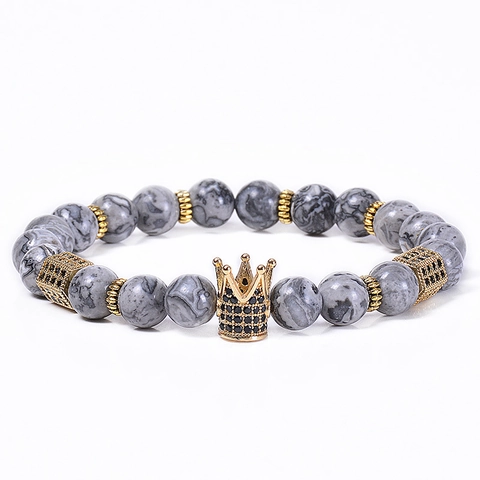 Natural Map Stein Krone Armband Kupfer Mikropavé Zirkon Perlen Verstellbare Seil Schmuck Für Paare