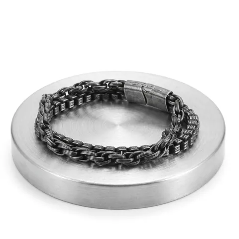 Men Vintage Stainless Steel Double Layer Chain Bracelet Retro Punk Industrial Style Oxidized Black Bangle
