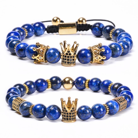 Bracelet En Pierre Naturelle De Lapis Lazuli Avec Couronne En Cuivre Et Zircone Ajustable Bijoux Unisexe