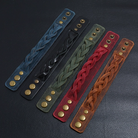 Pulsera Trenzada De Cuero Genuino De Vaca Brazalete Ancho Botón De Presión Ajustable Retro Punk Joyería Étnica Para Hombres