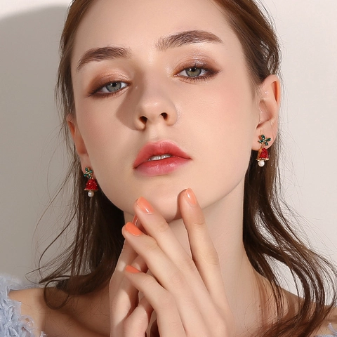 Christmas Bell Drop Earrings With Rhinestone Green Bow Artificial Pearl 925 Sterling Silver Earring Post Alloy Holiday Party Gift