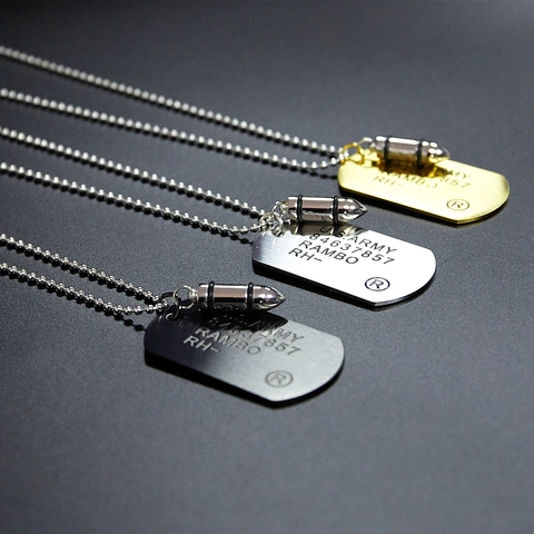 Men Stainless Steel Military Dog Tag Necklace With Bullet Pendant Hip Hop Street Punk Style Jewelry
