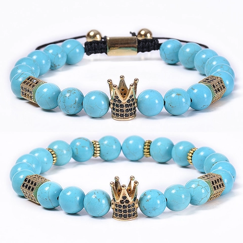 Natürliches Türkis Kronen Armband Mit Kupfer Zirkonia Zubehör Handgefertigter Steinperlen Schmuck Für Damen Und Herren