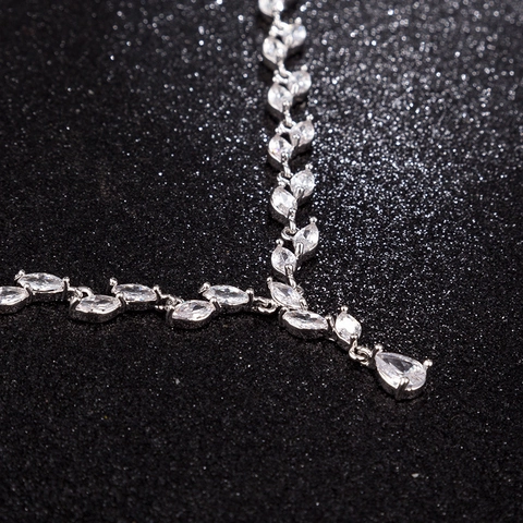 Leaf Shape Copper Zircon Necklace And Earrings For Women Bridal Wedding Banquet Elegant Silver Color Jewelry