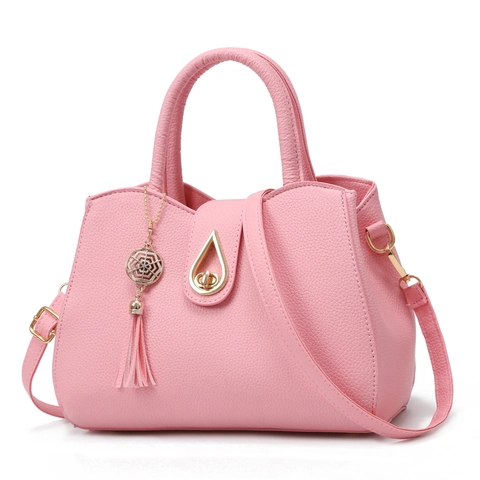 Women Lychee Texture PU Leather Handbag Elegant Fashion Shoulder Crossbody Bag With Water Drop Lock And Tassel Pendant