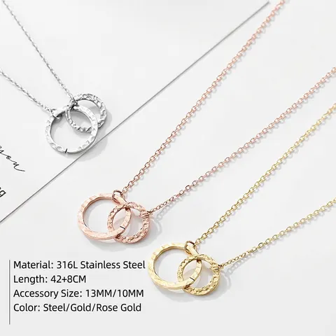 Minimalist Double Layer Necklace 316L Stainless Steel Hammered Rings And Bar Pendant Geometric Trendy Jewelry For Women
