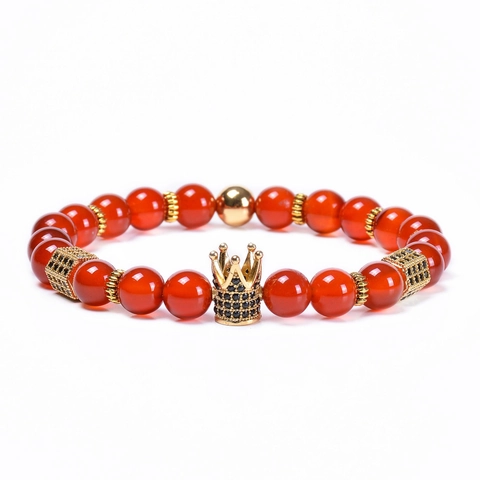 Bracciale Perline Agata Rossa Naturale Con Ciondolo Corona In Rame E Zirconia Gioielli Di Moda Regalo Uomo Donna
