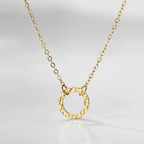 Minimalist Stainless Steel Clavicle Chain Necklace For Women Hammered Finish Hollow Round Circle Pendant Jewelry Gift