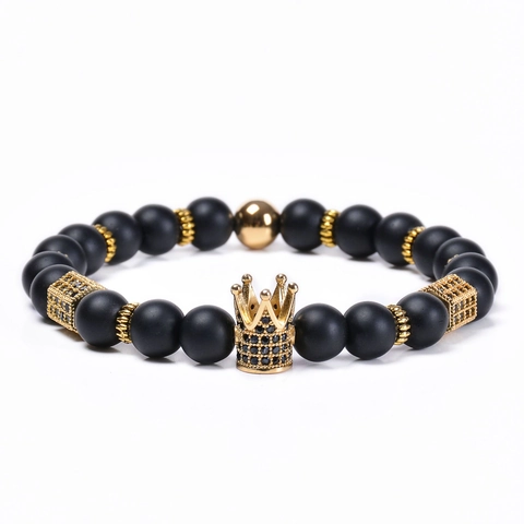 Matte Black Stone Beaded Bracelet With Copper Crown Charm Micro Paved Zirconia Fashion Jewelry Gift For Men Women