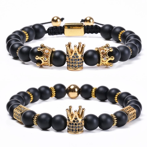 Matte Black Stone Beaded Bracelet With Copper Crown Charm Micro Paved Zirconia Fashion Jewelry Gift For Men Women