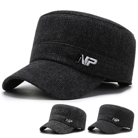 Gorra Militar De Invierno Para Hombre Cálida Con Forro De Felpa Gruesa Parte Superior Plana Con Orejeras Cuadros