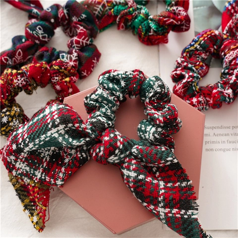 Chouchous De Noël À Carreaux Noeud Oreilles De Lapin Imprimé Flocon De Neige Tissu Élastique Porte-Queue De Cheval Pour Femmes Filles