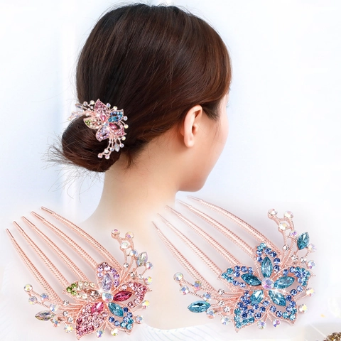 Rhinestone Flower Butterfly Hair Combs And Barrettes Alloy Sparkling Crystal Hair Clips For Women Wedding Party Accessoires
