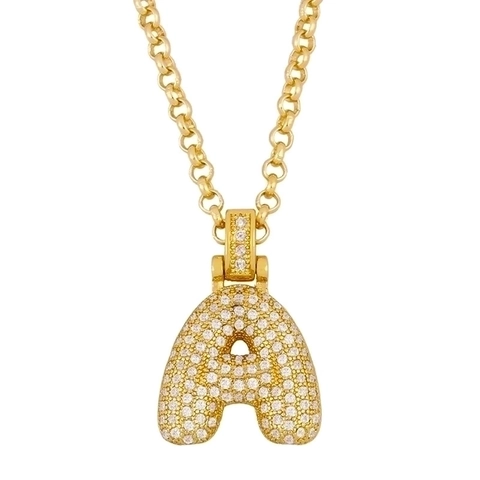 Initial Letter Pendant Necklace 18K Gold Plated Copper Pave Cubic Zirconia Bubble Alphabet Hip Hop Jewelry Women