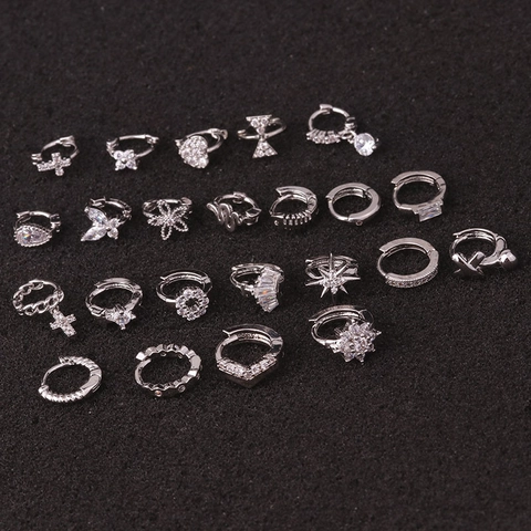 Messing Zirkon Knorpel Ohrring Winzige Huggie Hoop Piercing Schmuck Mikro Eingelegt Blume Kreuz Stern Kleiner Cuff Für Frauen