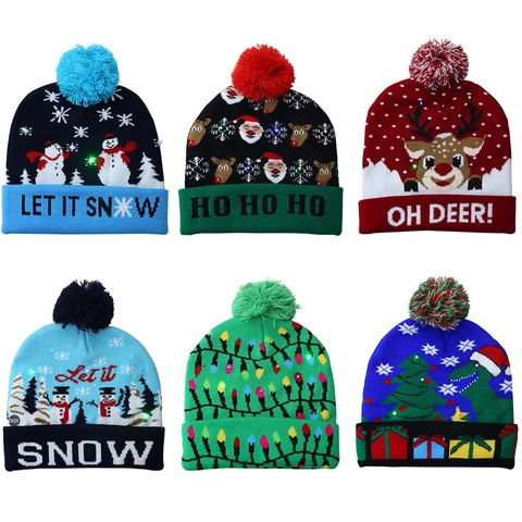 Gorro De Punto De Navidad Con Luces LED Cálido Acrílico Fiesta Vacaciones Dibujos Animados Reno Muñeco De Nieve Adulto