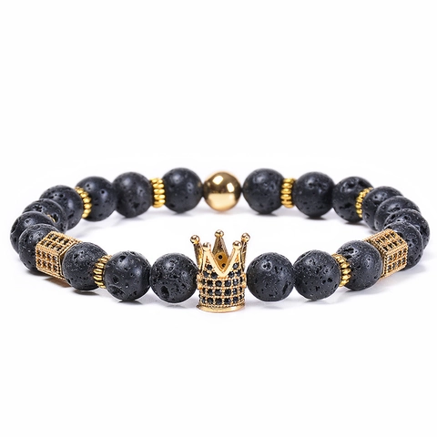 Natural Stone Bead Bracelet Copper Crown Micro Pave Zircon Adjustable Fashion Jewelry For Men Women