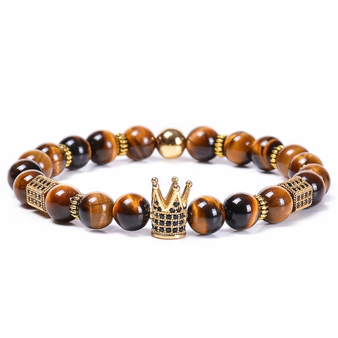 Bracciale In Pietra Occhio Di Tigre Naturale Con Ciondolo Corona In Rame Zircone Micro Pavé Gioielli Etnici Retro Per Uomo E Donna