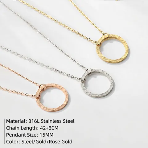 Collar Con Colgante De Aro Redondo Minimalista Textura Martillada Acero Inoxidable 316L Joyería Geométrica Para Mujer Cadena Ajustable
