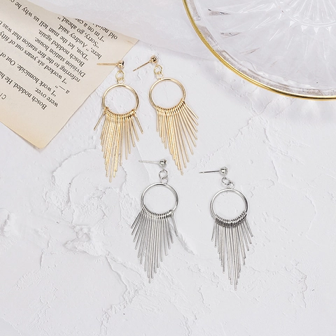 Long Tassel Drop Earrings Alloy Geometric Round Ring Rhinestone Stud Vintage Exaggerated Statement Jewelry For Women